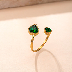 Зеленый 201 Открытые кольца-манжеты из нержавеющей стали с кубическим цирконием, сердце, золотые, зелёные, 15~20 мм