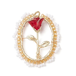 Белый Овальные стеклянные бусины с подвесками в виде роз, с подвеской из сплава эмали и настоящим 18k золотом 304 из нержавеющей стали с открытыми соединительными кольцами, белые, 33.5x28.5x9 мм, отверстие : 3.5 мм