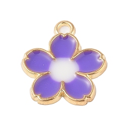 Розовато-лиловый Стойки подвески обшивки сплава, с эмалью, золотые, цветочный шарм, розовато-лиловый, 27.5x24x2 мм, отверстие : 3 мм