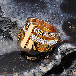 Золотой Римские цифры 304 кольца из нержавеющей стали и хрустальных страз, золотые, размер США 8 (18.1 мм)