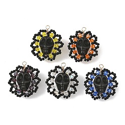 Mixed Color Gothic Glass Seed Beaded & Synthetic Turquoise Pendants, Floral Skull Charms, with Glass & Copper Wire, Faceted, Light Gold, Mixed Color, 29x26x13.5mm, Hole: 2.5mm