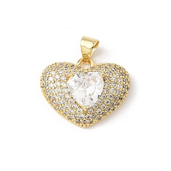 Прозрачный 5 кулоны из латуни с прозрачным кубическим цирконием, сердце, без свинца и без кадмия, долговечный, стойки покрытие, реальный 18 k позолоченный, прозрачные, 16x20x8 мм, отверстие : 5x3.5 мм