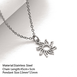 Солнце Не тускнеющие 201 ожерелья с подвесками из нержавеющей стали, ожерелья-цепочки для женщин, цвет нержавеющей стали, солнце, 17.72 дюйм (45 см), Кулон : 15x13 мм