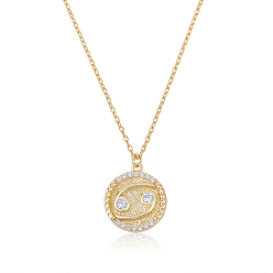 Cancer 925 Sterling Silver 12 Constellation Necklace Gold Horoscope Zodiac Sign Necklace Round Astrology Pendant Necklace with Zircons Birthday Jewelry Gift for Women Men, Cancer, 15-3/8 inch(39cm)