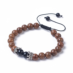 Black Agate Adjustable Natural Black Agate(Dyed) Braided Bead Bracelets, with Dyed Wood Beads, Nylon Thread and Antique Silver Plated Alloy Crown Beads, 2 inch~3-3/8 inch(5~8.5cm)