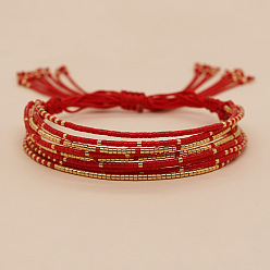 Красный Богемные цилиндрические стеклянные браслеты из бисера, многорядные плетеные браслеты из бисера, регулируемые плетеные браслеты из волоконного шнура для женщин, красные, 7.87 дюйм (20 см)