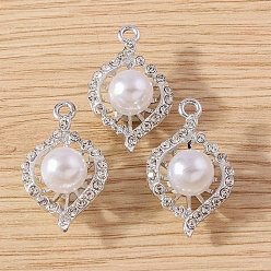 Platinum Alloy Rhinestone Pendants, with ABS Plastic Beads, Teardrop, Platinum, 28x16mm, 10pcs/set