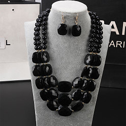 Черный Комплекты из акриловых граненых прямоугольных бусин и многослойных серег в стиле бохо, чёрные, 420 мм