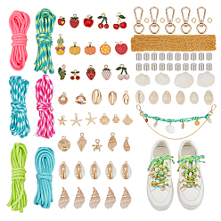 Gemischte Farbe Diy schmuck machen Kit, einschließlich Legierungs-Binderinge, Drehverschlüsse und Anhänger, Messing Kabel Endkappen, Shell Anhänger, Polyester-Rundseil, hochbelastbar, Eisenführungsketten, Gemischte Farbe, 6x0.8 mm, Innendurchmesser: 5 mm