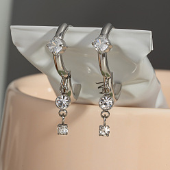 Серебро Элегантные серьги-кольца с кисточками из нержавеющей стали со стразами, серебряные, 30.7x10.5 мм