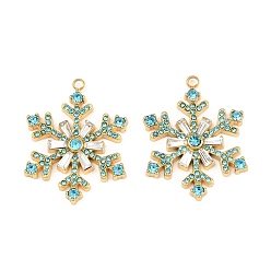 Aquamarine 304 Stainless Steel Rhinestone Pendants, Snowflake Charms, Ion Plating(IP), Real 18K Gold Plated, Aquamarine, 29x23x4mm, Hole: 1.8mm