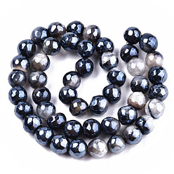 Black Electroplate Natural Agate Beads Strands, Dyed, Faceted, Pearl Luster Plated, Round, Black, 8.5x7~8mm, Hole: 1.2mm, about 47~48pcs/strand, 13.78 inch~13.98 inch(35cm~35.5cm)