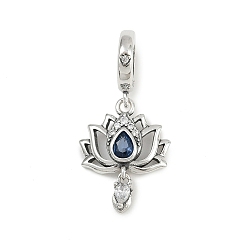 Платина 925 европейские подвески-шармы из стерлингового серебра с синими кубическими цирконами в форме цветка лотоса, Подвески с большими отверстиями, родий, платина, 26 мм, отверстие : 5 мм