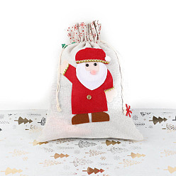 Linen Christmas Jute Printed Drawstring Bags, Rectangle Candy Storage Supplies, Linen, 40x30cm