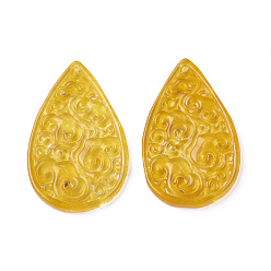 (932FM) Темно-синий аква-матовый с подкладкой Резные натуральные белые нефритовые подвески, окрашенные, слеза, темно-золотистые, 39.5~40x24~25x2.5~3.5 мм, отверстие : 1.2 мм