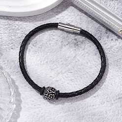 Клевер Плетеные браслеты шнур кожаный, с европейскими бусинами из нержавеющей стали и магнитными застежками, клевер, внутренний диаметр: 2-1/4 дюйм (5.8 см)