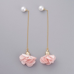 Pink Stud Earrings, with Cloth Pendant, Real 18K Gold Plated Brass Stud Earring Findings, Ear Threads and Acrylic Imitation Pearl Ear Nuts, Flower, Pink, 100mm, Pin: 0.6mm