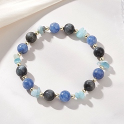 Смешанные камни Женские эластичные браслеты из бусин из натурального кианита, соколиного глаза и аквамарина, круглые, с Гальваническим немагнитных синтетическими гематита бисера, внутренний диаметр: 1.97 дюйм (5 см)