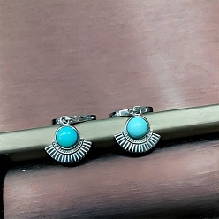 Античное Серебро Серьги-кольца из синтетической бирюзы в форме веера, с застежкой из стерлингового серебра, античное серебро, 25x22 мм