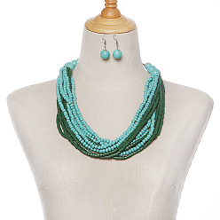 Бледно-бирюзовый Комплекты из деревянных подвесных сережек и многослойных ожерелий, круглые, бледные бирюзовая, 580 мм