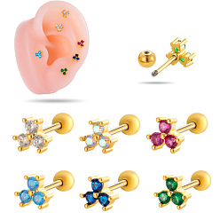 Прозрачный АВ Латунные кубические цирконии прозрачные серьги-клеверы с подвеской в виде хряща, 316l штифты из нержавеющей стали, золотые, 4.8 мм, штифты : 6x0.8 мм