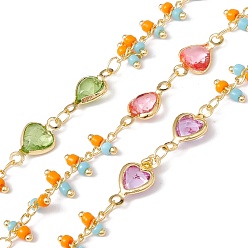 Colorful Handmade Eco-friendly Brass Heart Link Chain, with Glass & Seed Beaded, Real 18K Gold Plated, Lead Free & Cadmium Free, Soldered, with Spool, Colorful, 14x7x3mm, 16x7x2mm