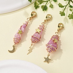 Бледно-Розовый Подвесные украшения из гальванизированного натурального кварцевого кристалла в виде проволоки, с подвесками в виде луны, звезд и молний из нержавеющей стали и застежками-лобстерами, розовый жемчуг, 53~62 мм, 3 шт / комплект