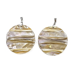 Плоский Круглый Природные подвески оболочки пресноводных, с фурнитурой из сплава и нержавеющей стали, цвет нержавеющей стали, цвет морской раковины, плоско-круглые, 49~49.5x7 мм, отверстие : 5.5x3.5 мм