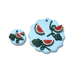 Deep Sky Blue Handmade Polymer Clay Pendants Sets, Flat Round & Flower with Watermelon Charm, Deep Sky Blue, 32x32.5x5.5mm, Hole: 2mm, 2pcs/set