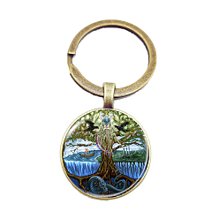 Dodger Blue Glass Keychains, Flat Round with Tree of Life Charms, Dodger Blue, 6cm