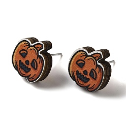 Тыква Деревянные серьги-гвоздики, с 316 хирургическим стержнем из нержавеющей стали, Хэллоуин тема, цвет шоколада, тыква, 15x14 мм