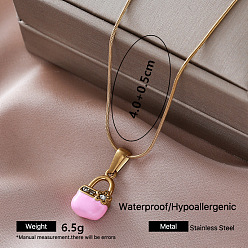 Pink Vintage 304 Stainless Steel Enamel Handbag Pendant Necklaces for Women, Golden, Pink, 15.75 inch(40cm)