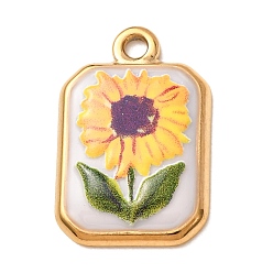Golden Printed 304 Stainless Steel Pendants, with Enamel, Rectangle with Flower Pattern Charms, Golden, 22.5x15x2.5mm, Hole: 2mm
