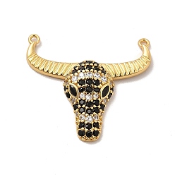 Black Rack Plating Brass Micro Pave Cubic Zirconia Connector Charms, Cadmium Free & Lead Free, Long-Lasting Plated, Cattle Head Links, Real 18K Gold Plated, Black, 25.5x27.5x5mm, Hole: 1mm