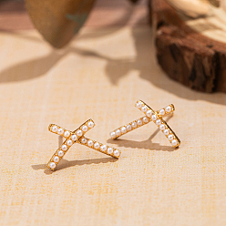 Золотой Элегантные серьги-гвоздики из перекрещенной латуни и искусственного жемчуга для женщин, золотые, 8x15 мм