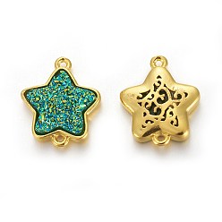 Teal Brass Links connectors, with Druzy Resin, Golden Plated Color, Star, Teal, 17.5x15x3.7mm, Hole: 1mm