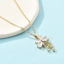 Золотой Латунный микропаве кубический прозрачный цирконий бабочка кулон ожерелья для женщин, с 304 цепи из нержавеющей стали, ионное покрытие (ip), золотые, 15.75 дюйм (40 см)