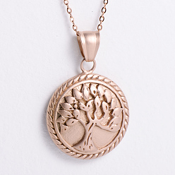 Розовое Золото Ожерелья из нержавеющей стали с круглым кулоном в виде дерева жизни, религиозные украшения, розовое золото 