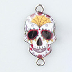 Colorful Cinco de Mayo Alloy Enamel Connector Charms, Sugar Skull Links, Platinum, Colorful, 26x14mm