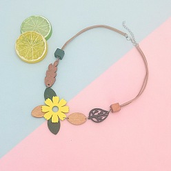 Yellow Wooden Flower Leaf Pendant Imitation Leather Cord Necklaces for Women, Platinum, Yellow, 19.69 inch(50cm)