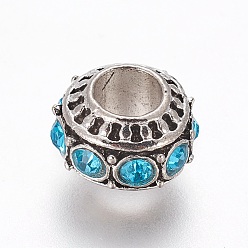 Аквамарин Европейские сплавочные бусины тибетского стиля , со стразами, бусины с большим отверстием, рондель, аквамарин, 10~11x7 мм, отверстие : 5 мм