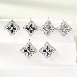 Couleur Mélangete Micro cuivres ouvrent zircone cubique boucles d'oreille, boucles d'oreilles pavées, fleur, sans plomb et sans cadmium, crémaillère plaquage, plaqué longue durée, platine, couleur mixte, 15.5x15.5mm