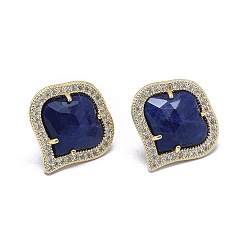 Золотой Серьги из натурального содалита, с латунной фурнитурой и кубическим цирконием, граненые, прозрачные, золотые, 18x18 мм , штифт: 0.6 мм