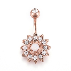 Roségold Piercing-Schmuck, kubischer Zirkiona-Nabelring aus Messing, Bauchringe, mit 304 Edelstahlstab & synthetischem Opal, Roségold, 26.5x16 mm, Stange: 15 Spurweite(1.5mm), Stangenlänge: 3/8"(10mm)