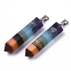 Смешанные камни Кулоны из драгоценных камней в сборе, красная яшма, красный авантюрин, тигровый глаз, зеленый авантюрин, цветочный амазонит, лазурит и аметист (произвольно), с 304 защелкой из нержавеющей стали на поручнях, конус, 46~47x11x10 мм, отверстие : 8x3 мм