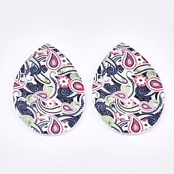Colorful Printed Wooden Big Pendants, Dyed, Teardrop with Flower, Colorful, 64.5x46x2.5mm, Hole: 1.2mm