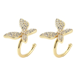 Golden Brass Micro Pave Cubic Zirconia Cuff Earrings for Women, Butterfly, Golden, 14x11x1.5mm