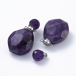 Amethyst Faceted Natural Amethyst Openable Perfume Bottle Pendants, with 304 Stainless Steel Findings, Stainless Steel Color, 38~39.5x22.5~23x11~13.5mm, Hole: 1.8mm, Bottle Capacity: 1ml(0.034 fl. oz)