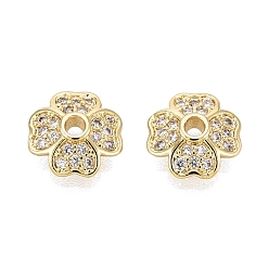 Настоящее золото 18K Колпачки для бусин из прозрачного кубического циркония из латуни, Четыре листа клевера, реальный 18 k позолоченный, 8x3 мм, отверстие : 1.2 мм