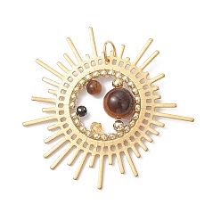 Желтый Подвески из натурального тигрового глаза и агата, солнечные подвески со стеклянными бусинами и латунной фурнитурой, золотые, желтые, 41.5x43.5x8.5 мм, отверстие : 4.5 мм